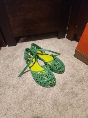 Melissa Green Woven Jelly Flats with Yellow Insole